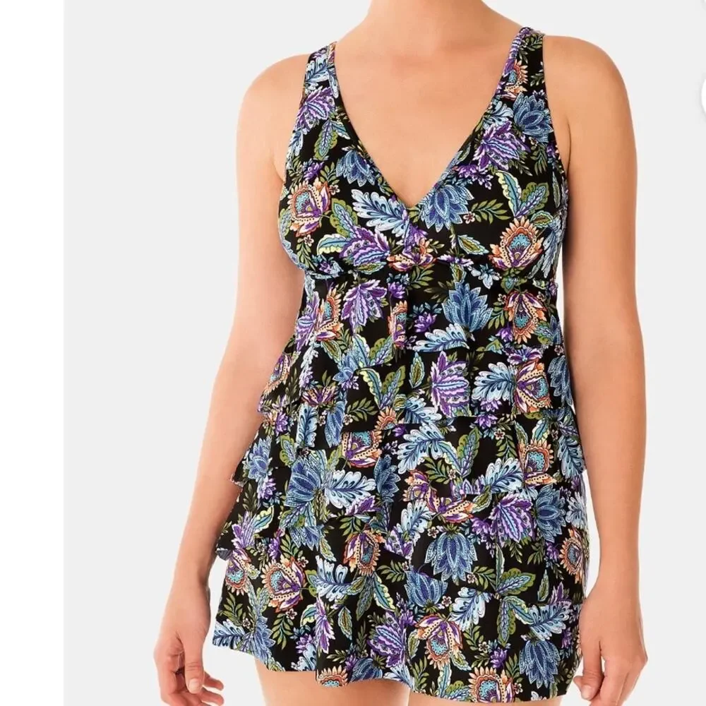Swim Solutions Women's Floral Boho Play V-Neck Multi Ruffle Swim Dress sz 8